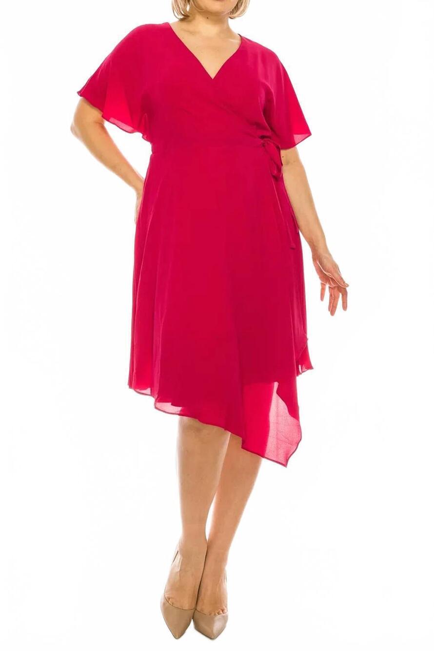 NEW MAGGY LONDON short flutter sleeve pleated midi wrap dress in sangria